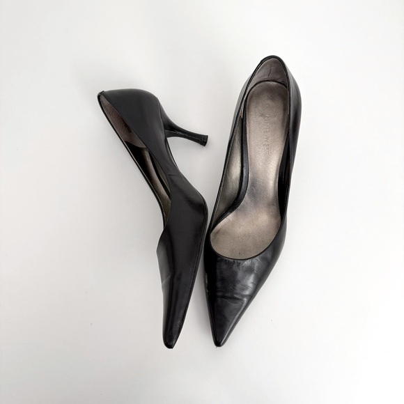 Nine West Womens Black Leather Pointed Toe Kitten Heel Pumps Size 9M Office Chic - Picture 3 of 6